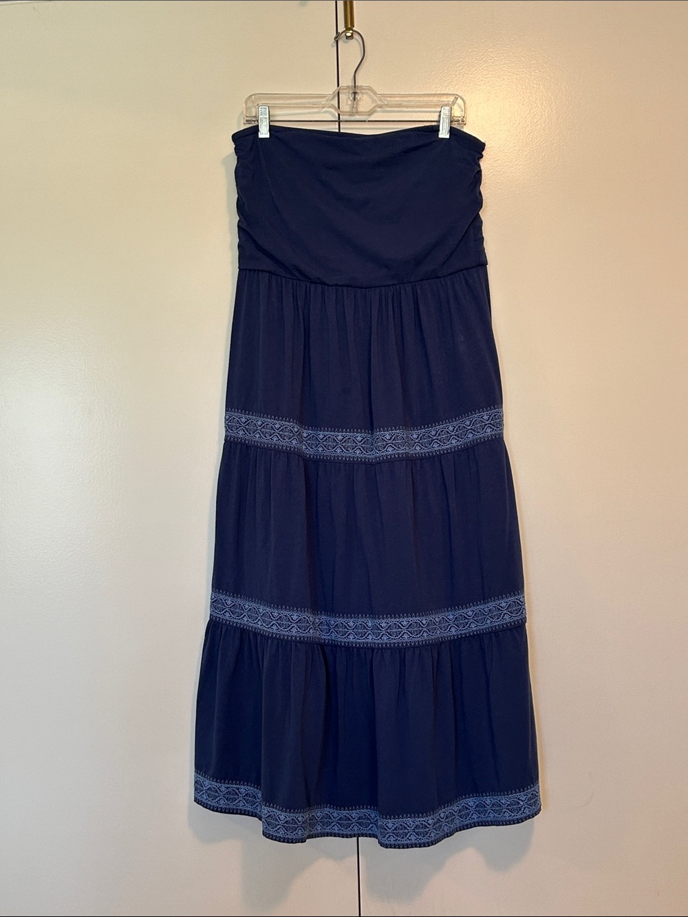 J. Jill Navy Strapless Embroidered Tiered Maxi Dress